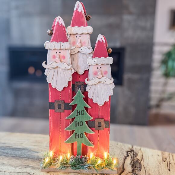 Country Christmas 3 Santa’s “Ho Ho Ho” Wooden Light Up Table Top Decor, 17.75”H - Picture 1 of 9